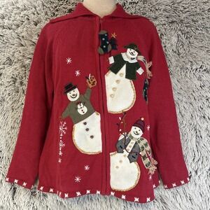 Tiara‎ International Red Small Christmas Sweater Snowman Cocoa Snowflakes Zip